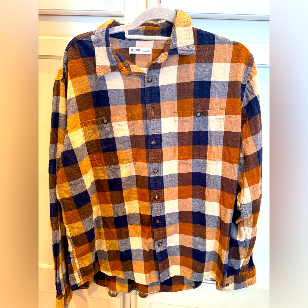 Sonoma Men's Casual Plaid Button Down Shirt - Blue, Orange, Brown